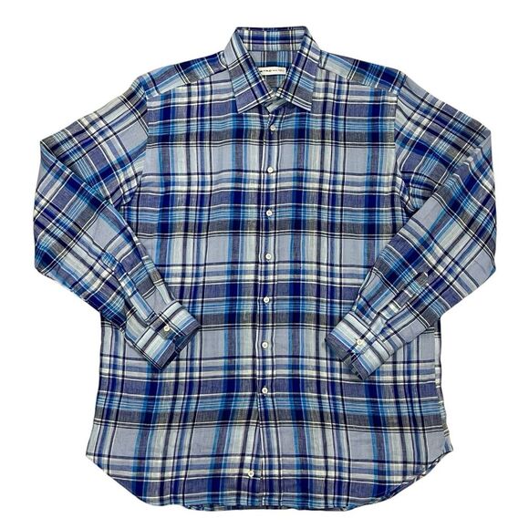 ETRO Button Down Dress Shirt  Vibrant Blue Plaid Check 100% Linen Men’s Size XL - Picture 1 of 9